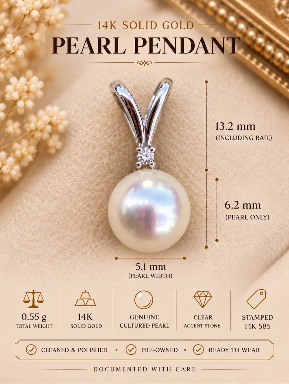 14K White Solid Gold Genuine Pearl Pendant • 0.55 g